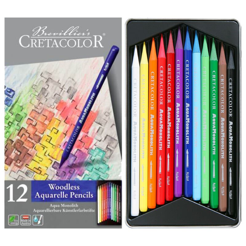 Cretacolor Aqua Monolith Ağaçsız Sulandırılabilir Boya Kalem Seti 12 Renk Metal Kutu 25012