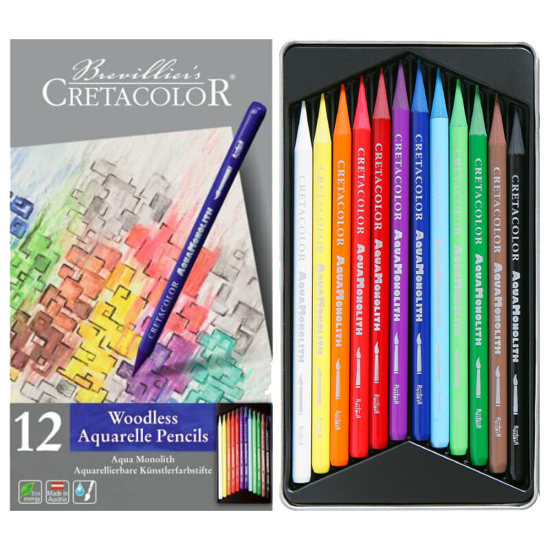 Cretacolor Aqua Monolith Ağaçsız Sulandırılabilir Boya Kalem Seti 12 Renk Metal Kutu 25012