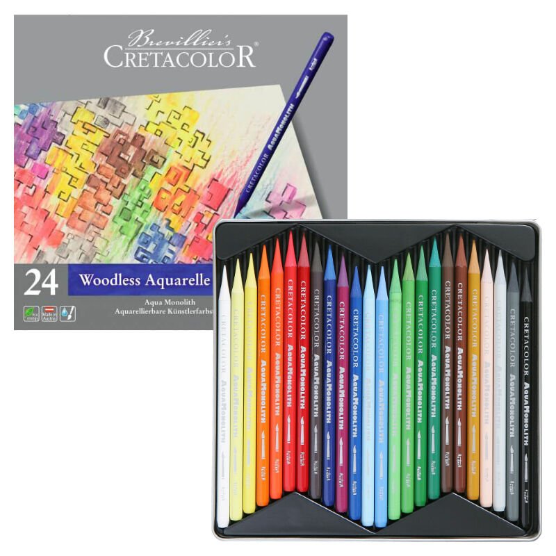 Cretacolor Aqua Monolith Ağaçsız Sulandırılabilir Boya Kalem Seti 24 Renk Metal Kutu 25024