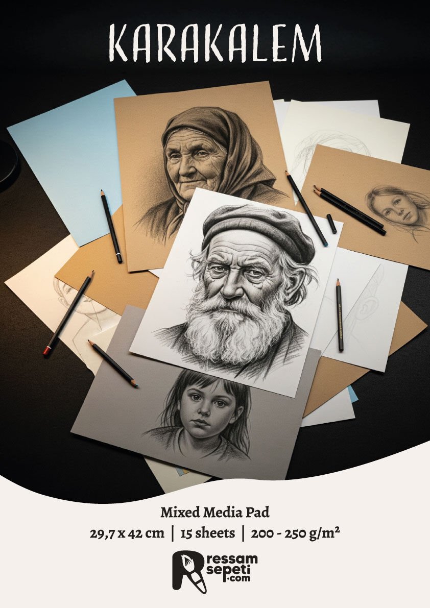 Ressamsepeti Özel 2025 Karakalem Portre Defteri A3 Renkli 15 Yaprak